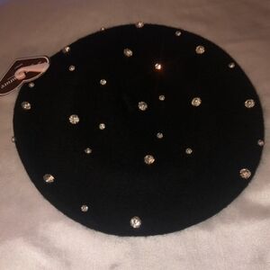 (Ew)Juicy Couture Nylon & Wool Black Beret Clear Rhinestone Accents OS NWT